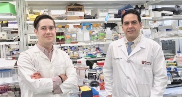 Gabe Velez (left) is an MD/PhD candidate working in the lab of Vinit Mahajan, MD, PhD.