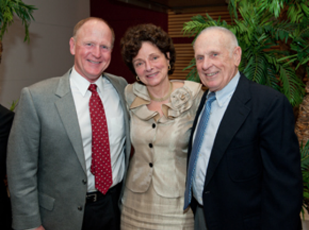 Helen Blau, PhD, (center) and Baxter Foundation board members Don Haake (left) and Dick Haake (right) celebrate the 10th Anniversary of the Donald E. and Delia B. Baxter Foundation Laboratory in Stem Cell Biology.